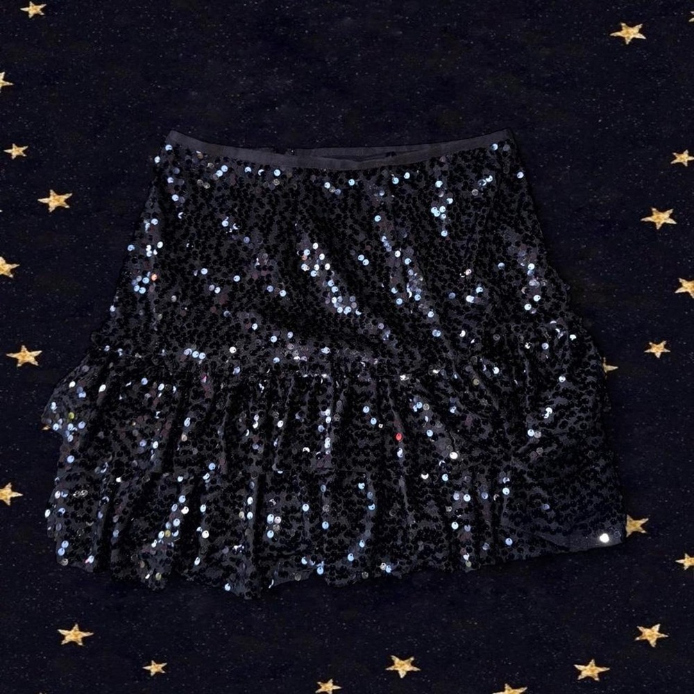 DKNYC Black Sequin  Skirt Tiered Ruffle Hem Party Holiday Event Size 6